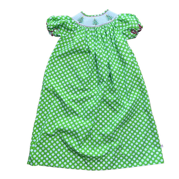 LOLLY Wolly Doodle Smocked Christmas Tree Green Polka Dot Girls Dress Size 6 EUC - Picture 1 of 13
